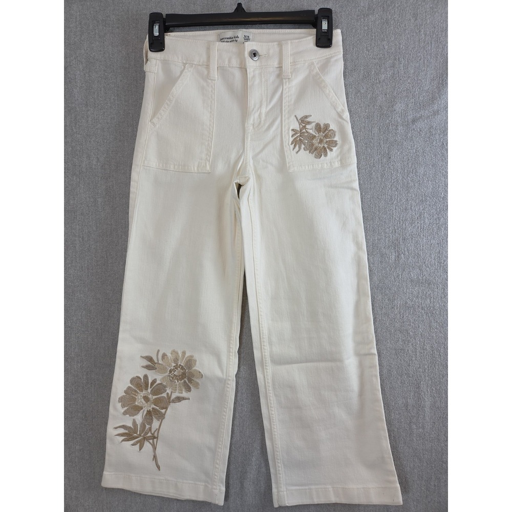 Abercrombie Kids 9/10 Short Jeans Hi Rise Wide Leg Embroidered Flower Ivory NEW